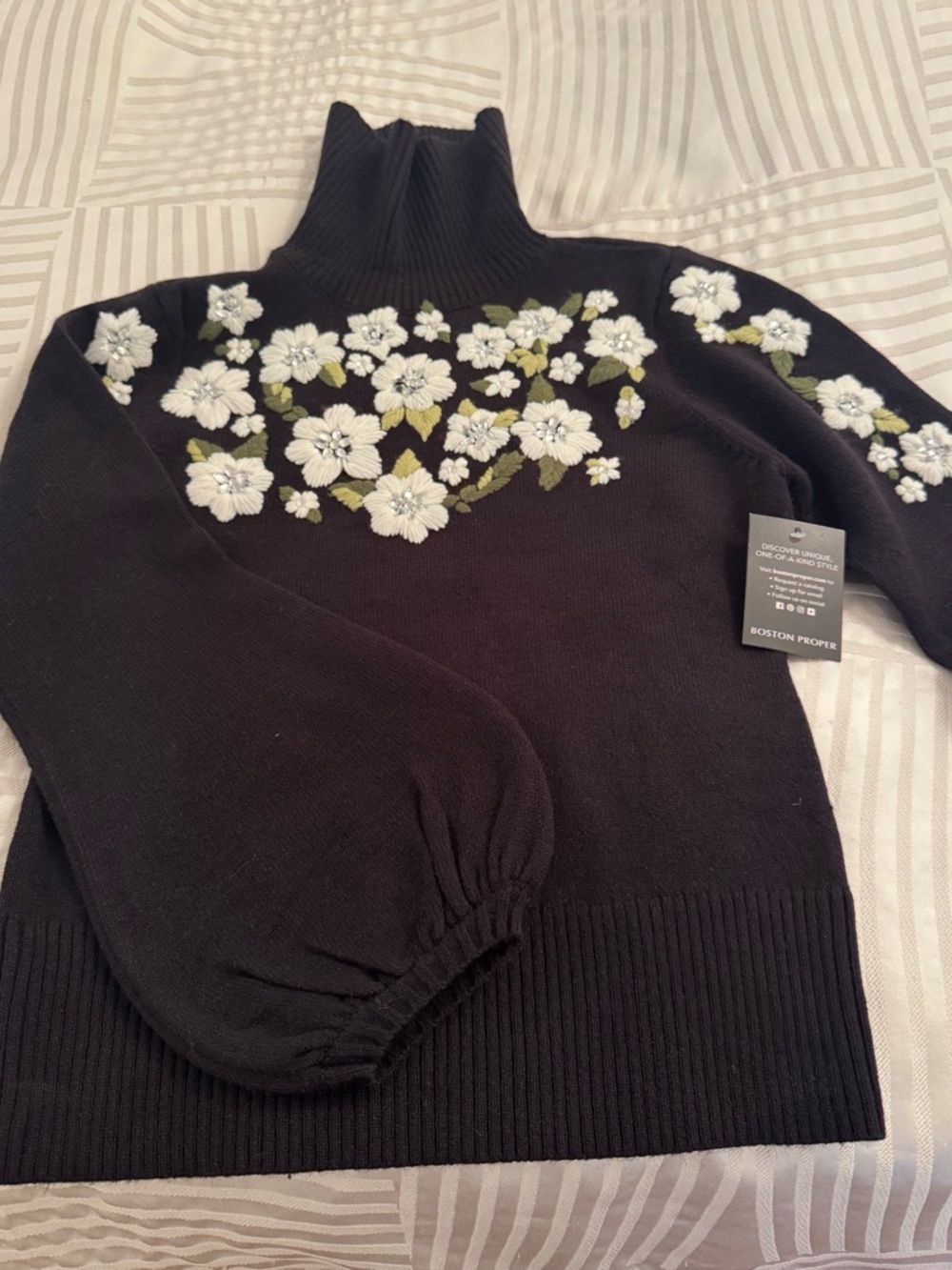 Boston Proper Black Turtleneck Sweater with White Floral Embroidery Size S - Picture 2 of 9